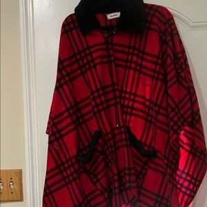 Red and Black Plaid Cape with Faux Fur Collar